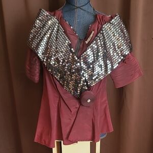 Betsy & Adam Vintage Y2K Burgundy Sequin-Trim Short Sleeve Women’s Top